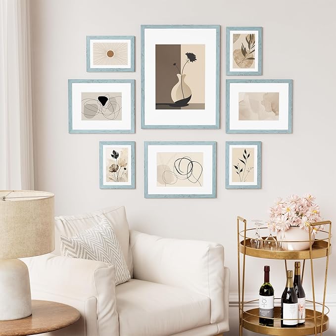 Vittanly 8x10 Picture Frame Set of 2, Solid Wood Frame for Wall or Tabletop, Display Photo 5x7 with Mat or 8x10 without Mat, Rustic Blue