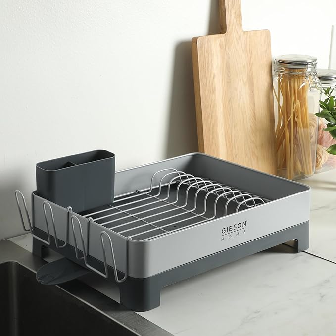 Gibson Home Nestcraft Full Size Rust Resistant Dish Rack with Drain Board and Flatware Caddy - Grey