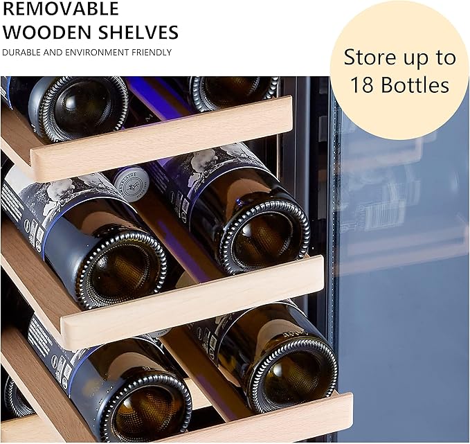 Kalamera Mini Fridge 18 Bottle - 12 inch Wine Cooler Refrigerator, Built-in or Freestanding, with Stainless Steel & Double-Layer Tempered Glass Door, and Temperature Memory Function Wine Fridge
