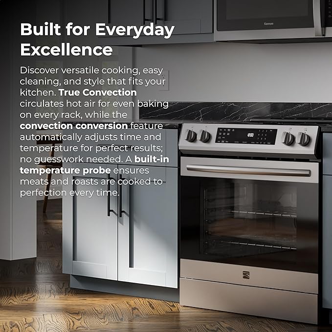 Kenmore 5.6 cu. ft. Front Control Electric Range Oven with 5 Elements - True Convection, Air Fry, Self Clean Oven, Temperature Probe, Ultra Durable Chrome Racks, Large Window - Stainless Steel
