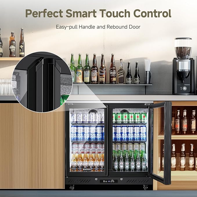 BODEGACOOLER Back Bar Cooler with 2 Glass Doors,7.7 Cu.ft Commercial Back Bar Beverage Refrigerator Counter Height,LED Lighting for Soda Drinks,Beer,Wine Stainless Steel Top,DOE Approved,4 Casters