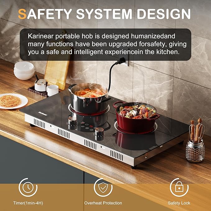 Karinear Electric Cooktop 2 Burner, 110V Electri Stove Top, 2000W Knob Control & Sensor Touch Electric Hot Plate for Countertop or Built-in Install, Timer, Safety Lock, 9 Power Level, 24 Inch