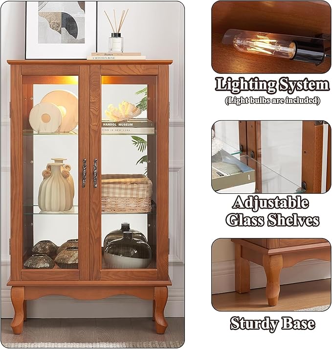 43" H Lighted Curio Cabinet Display Case with Light Bulb, Glass Curio Cabinet with Adjustable Shelves & Tempered Glass Door, Wooden Cabinets w/Mirrored Back Pane for Living Room(Oak)