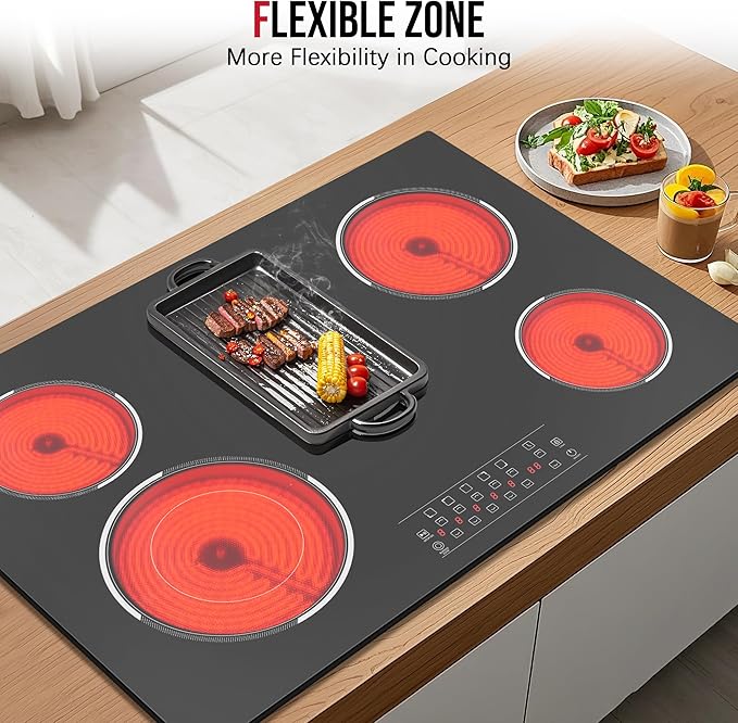 30 Inch Electric Cooktop 5 Burner, 8400W Built-in Electric Stove Top, 30" Ceramic Cooktop with Expanded Zone, Touch Control, Timer, Pause Control, Safety Lock, 220-240V, Hard Wire, No Plug