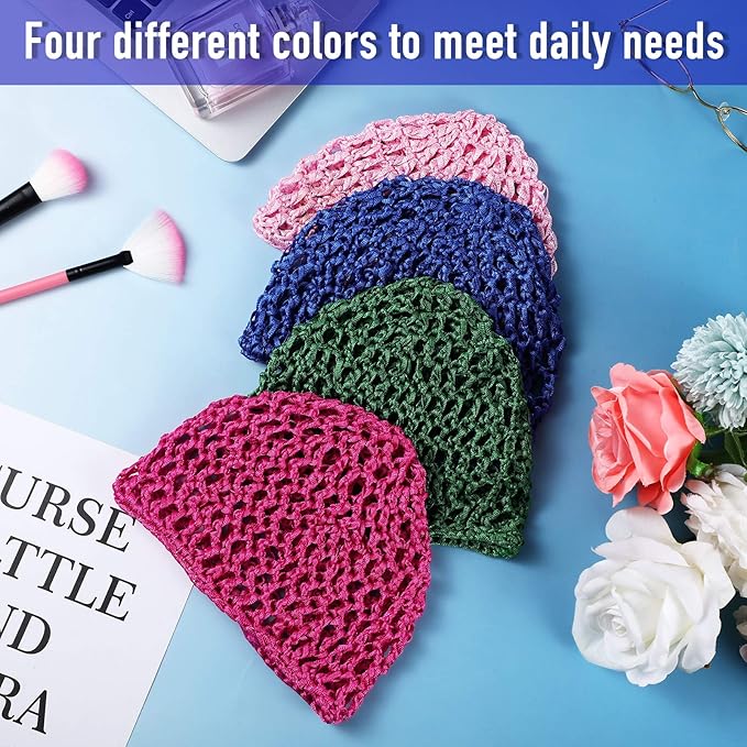 Geyoga 4 Pieces Mesh Crochet Hair Net Rayon Knit Snood Hat Thick Short Women Hairnet Snoods Cover Ornament for Sleeping (Pink, Rose Red, Green, Royal Blue)