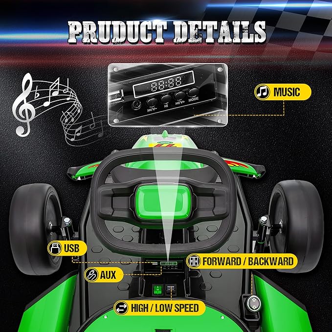 24V Electric Go Kart for Kids, Drift Kart with 400W Motors, EVA Tires, Max Speed 8.1 MPH, Music, Wireless, Electric Drifting Cart Outdoor Ride on Toy for Kids Ages 6+ (Green)