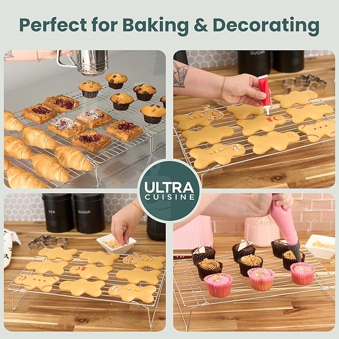 Ultra Cuisine Heavy Duty 3 Tiers Stackable, 16" x 10" Cooling Rack for Cooking and Baking - Professional Grade Premium 100% Stainless Steel Baking Rack & Wire Cooling Mesh - Dishwasher Safe - Pack 3