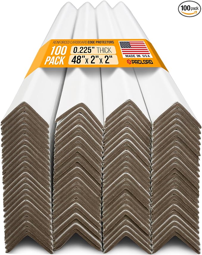 48" x 2" x 2" Reinforced Cardboard Edge Protectors, White (Pack of 100) – 0.225" Thick Extra Heavy-Duty Cardboard Corner Protectors – American Quality V-Board Pallet Edge Guard
