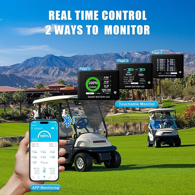 48V 105Ah Mini Lithium Golf Cart Battery,48V Golf Cart Batteries with 22A Lithium Charger,Built-in 200A BMS,Metal Casing,Supports Mobile APP,Touch Monitor,6000+ Cycles,Peak Current 600A