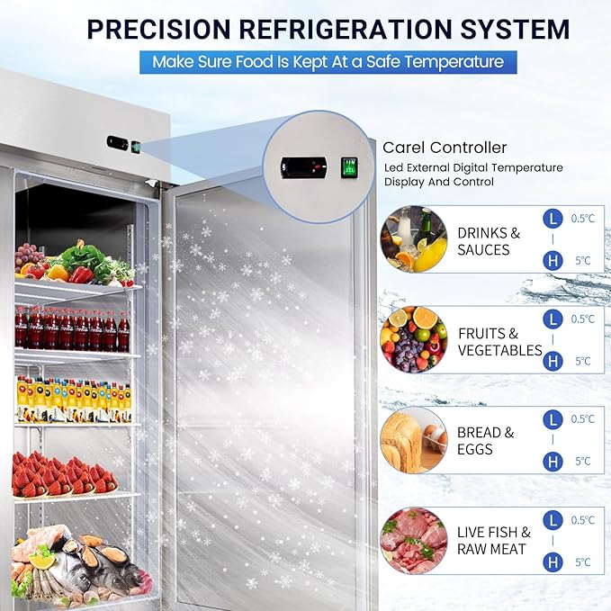 54" Commercial Refrigerator with 2 Solid Doors&8 Shelves, 49 Cu.ft Reach-in Stainless Steel Refrigerator, Fan Cooling Refrigerator for Restaurant, Bar, Home, Shop, and Business