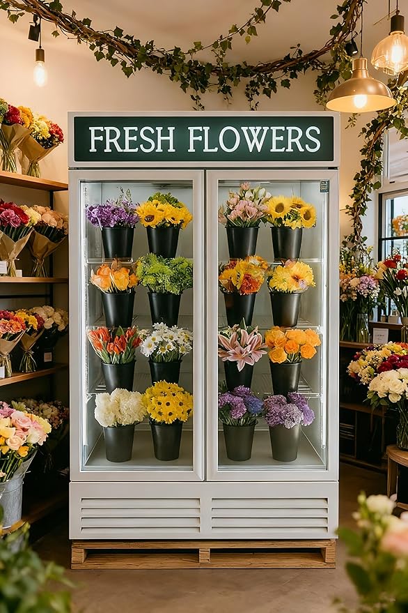 Commercial Flower Refrigerator Floral Display Cooler,White 2 Glass Doors Fridge With LED Light Adjustable Shelves,ETLSanitation Approval,42.5Cu Ft,47.2" Wide, Wheels Included