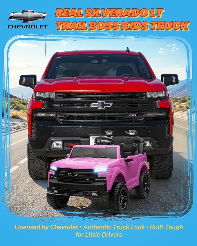 ENYOPRO 24V 2 Seater Electric Car for Kids, Licensed Chevrolet Silverado LT Trail Boss Kids Ride on Car w/Remote Control, LED Lights, Bluetooth, 90W Motor, All-Terrain Wheels, Truck Bed Storage, Pink