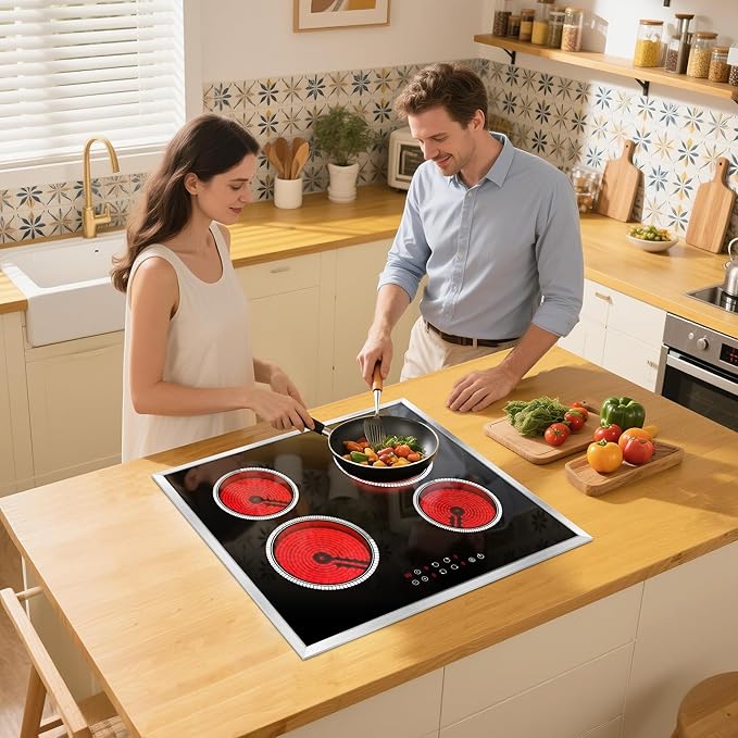 24 Inch Electric Cooktop 4 Burner Electric Stove, 6000W Built in Ceramic Stovetop with Touch Control 24", Timer, Child Lock, 9 Heating Level, 220-240v, Hard Wire(No Plug)