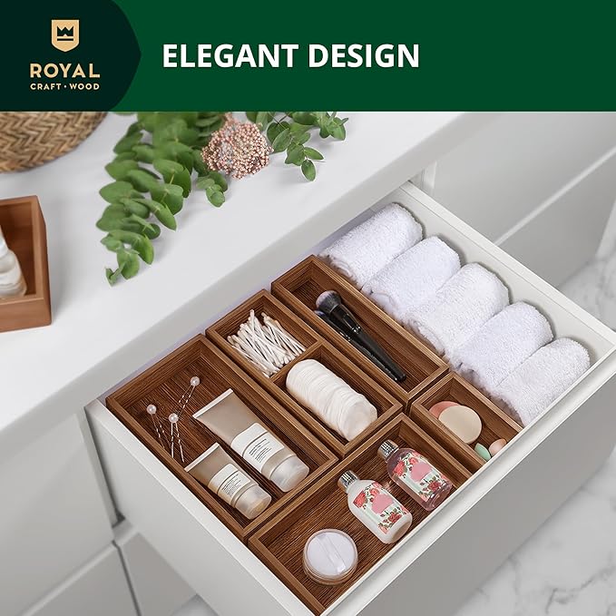 ROYAL CRAFT WOOD Premium Carbonized Bamboo Decorative Boxes - Drawer Organizer Set (5-Piece) – Wood Storage Boxes for Kitchen, Bathroom, Office & Makeup