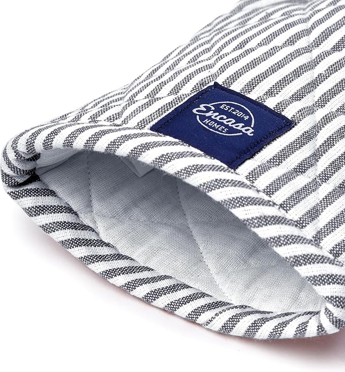 Encasa XO Long 12"x7" Oven Microwave Hand Gloves Mitts (2 pc Set) for Kitchen Cooking & Baking - Heat Resistant, Thick & Safe, Protection of Hands from Hot Utensils - Ticking Navy Blue
