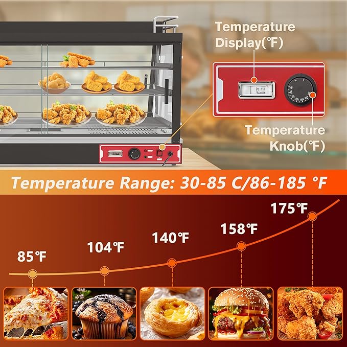 3-Shelf Commercial Food Warmer Display w/Top Rack, 44" Countertop Warmers Hot Box for Pizza/Pretzel/for Food Display, Heated Holding Cabinet Glass case, with LED Lighting for Buffet Restaurant