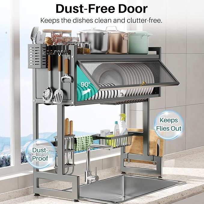 Over The Sink Dish Drying Rack with Cover, Over The Sink Dish Drainer Drying Rack 3 Tier Dish Rack, Keep Kitchen Sink Shlef Organized Space-Saving for Dishes and Cutlery (Matte Gray, 37.4" Length)