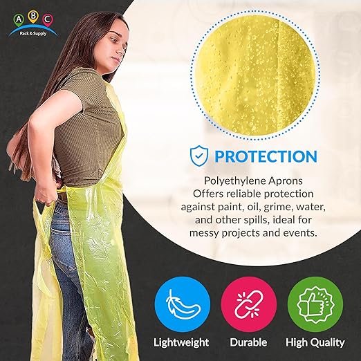 ABC PACK & SUPPLY Yellow Plastic Disposable Aprons Adults for Painting, 28 x 46 Inches. Pack of 1000 Disposable Plastic Aprons, 1 Mil. Unisex Waterproof Polyethylene Painting Apron for Food Industry