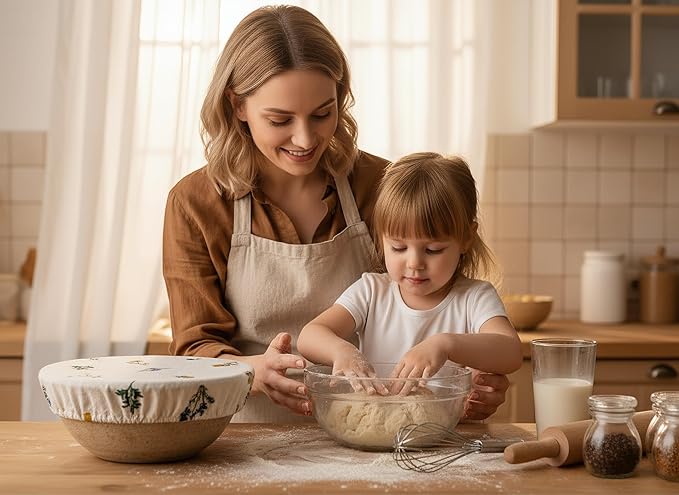 Reusable Bowl Covers (Set of 4) - Breathable Cotton Linen Sourdough Accessories - Elastic Durable Fabric Food Lids for Proofing Baskets & Bread Baking Supplies (Natural Beige)