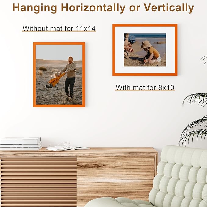 Vittanly 11x14 Picture Frame, Solid Wood Frame with Plexiglass, Includes 8x10 Mat, Wall Hanging for Photos, Home Decor, Orange, 1 Pack