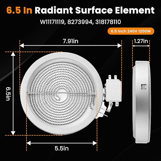 Upgraded 6.5 In DG47-00060A W11171119 WB30T10145 Electric Range Single Radiant Surface Heating Element Replacement for Whirl-pool May-tag Kitchen-Aid Jenn-Air Range Stove, 8273994 By Fetechmate