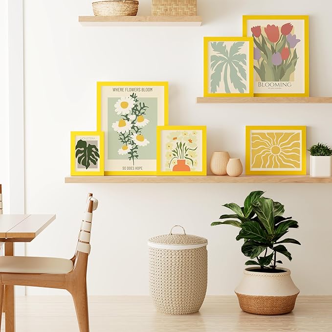 Vittanly 5x7 Picture Frame, Solid Wood Frame with Plexiglass, Includes 4x6 Mat, Wall Hanging or Tabletop for Home Decor, Yellow, 1 Pack