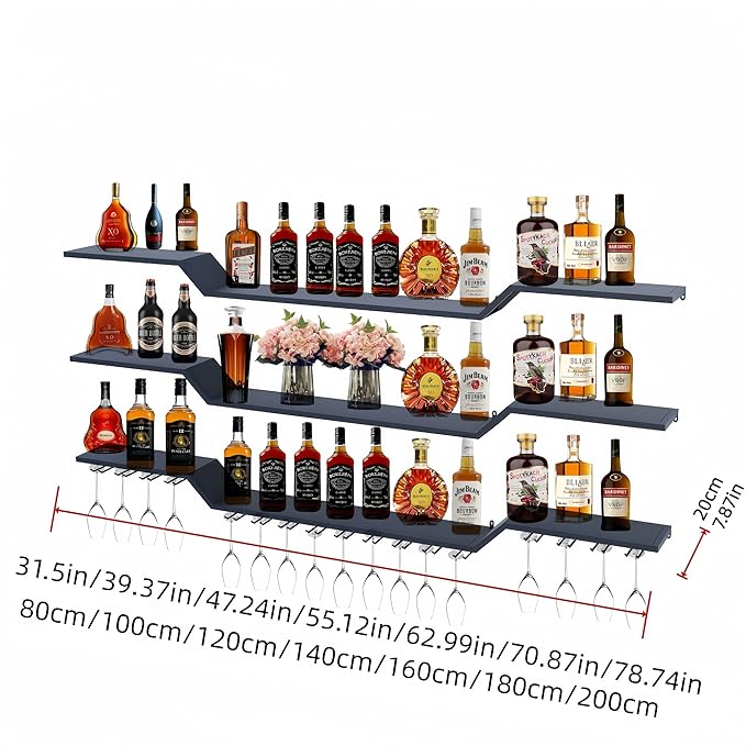 78.7" Wall Mounted LED Wine Rack, 3-Tier Floating Bar Shelves, Large Liquor Shelf with Wine Glass Rack, Large Bar Rack Wall Mounted for Liquor Bottles, Home Bar, Dining Room or Cafe, Gold