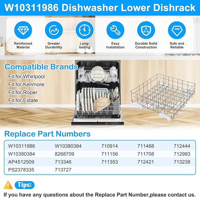 UPGRADED W10311986 W10380384 Dishwasher Lower Rack Assembly for Whirlpool Kenmore Dishwasher Rack Replacement Parts,W10311986 W11158802 Whirlpool Dishwasher Bottom Rack with Wheel Dishrack