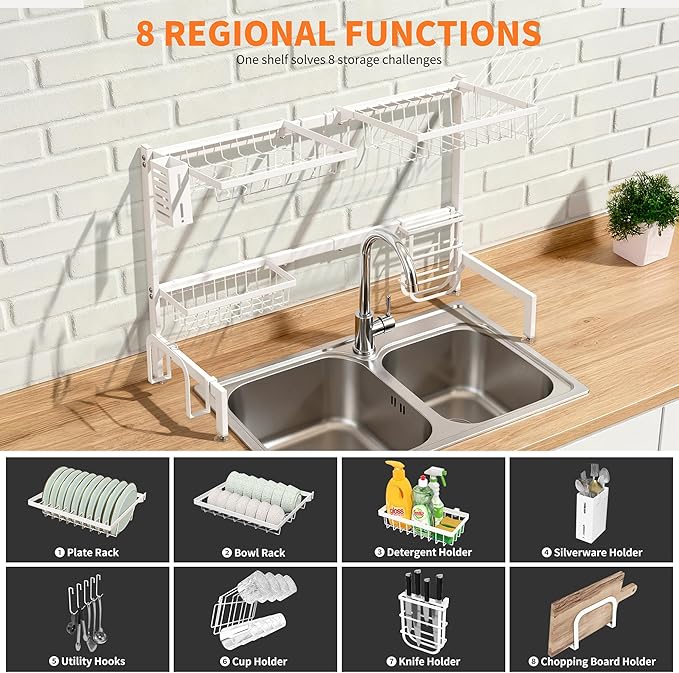 HOTEAGLE Dish Drying Rack for Kitchen Counter 2 Tier Expandable Over Sink Dish Rack, 25.6"-33.5" L x 12.4" W x 20.5" H, White