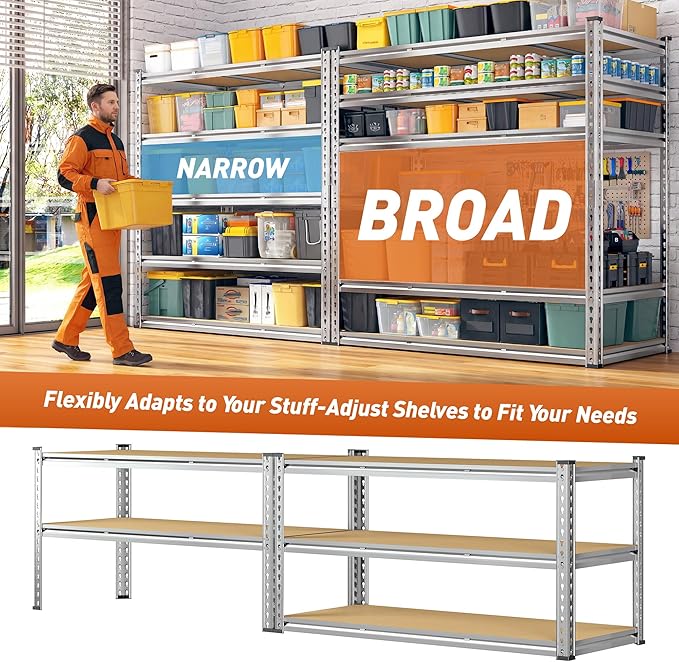 Garage Shelving Load 3100LBS, 5-Tier Storage Shelves, Adjustable Garage Shelves, Shelving Units and Storage, Metal Shelf for Kitchen, Pantry, Warehouse, 48" W x 71.9" H x 24.1" D, Galvanized