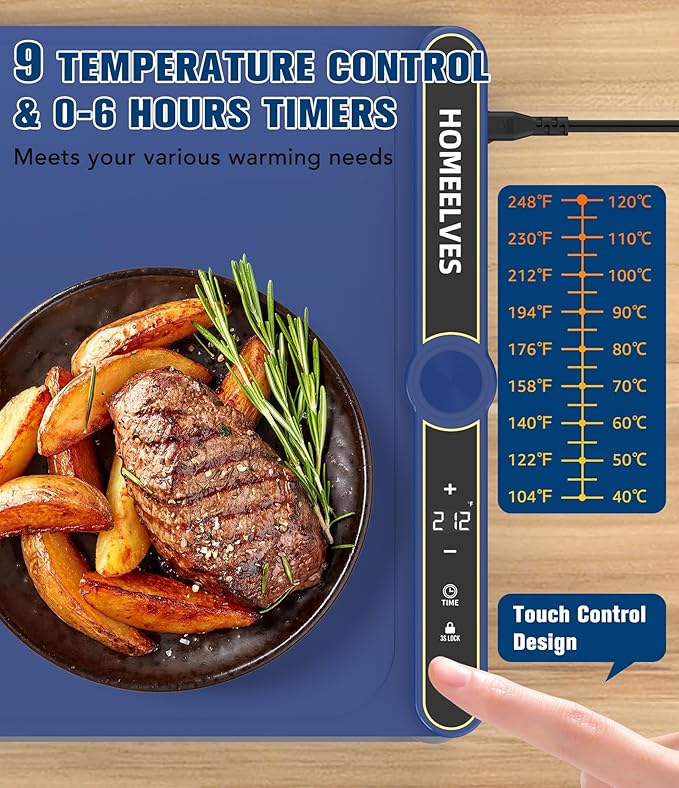 Food Warming Mat Extra Large, Rapid Heating Electric Warming Tray with 9 Temp Setting and 6 Hours Timer,Foldable Warming Trays for Food, Portable Food Warmers for Parties Buffet, Blue