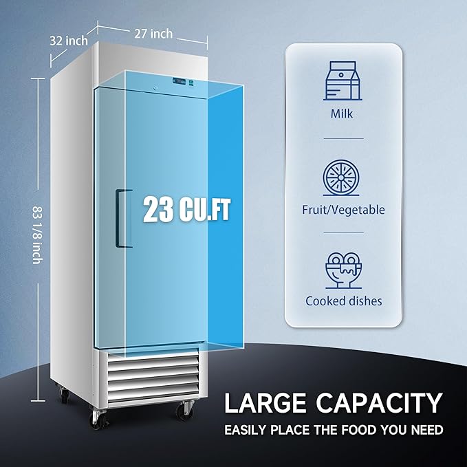 DeepTide 27" W Commercial Upright Refrigerator with Single-Door: 23 Cubic Feet Storage, Adjustable Shelving, Automatic Defrosting, Precision Digital Thermostat, LED Lights, Safety Locks