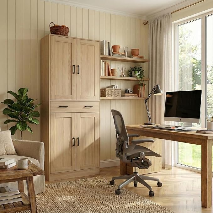 71" Tall Kitchen Pantry Cabinet, Freestanding Storage Cabinet with Drawer and 4 Doors, Large Oak Utility Floor Cupboard with Adjustable Shelves for Dining Room, Bathroom, Home Office