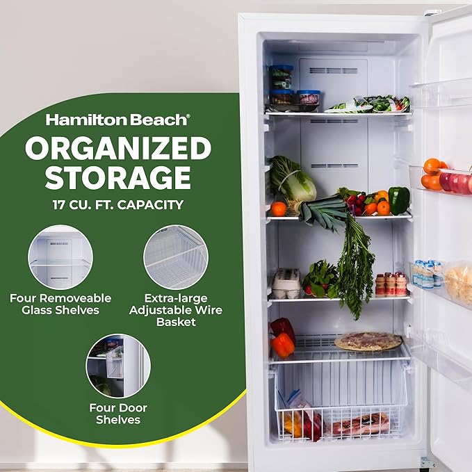 Hamilton Beach 17 cu ft Upright CONVERTIBLE Fridge/Freezer-Frost Free-Reversible Door-Removable Glass Shelves-LED Interior Light- Electronic Temperature Control, Energy Efficient, White, 17 cu. ft.