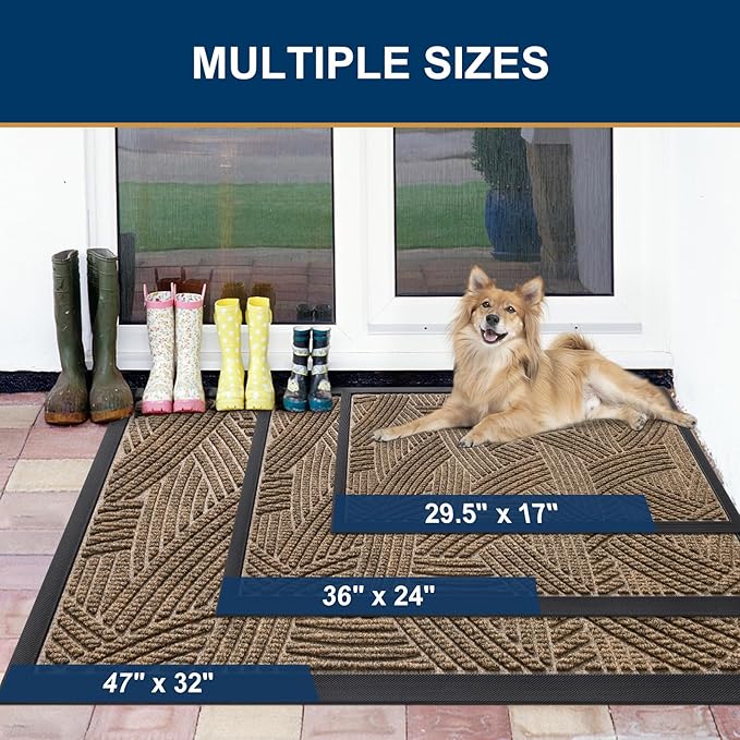 Smiry Front Door Mat Outside Entrance, Heavy Duty Sturdy Natural Rubber Doormat, Trap Dirt and Moisture, Easy Clean Low Profile Mats for Indoor Outdoor Entry, Interwoven Stripes 29.5x17, Brown