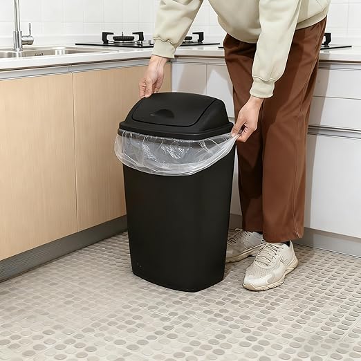 10 Gallon Plastic Garbage Bin with Lid, Swing Top Waste Container, Kitchen Trash Can with Swing Lid, Black, 4 Packs