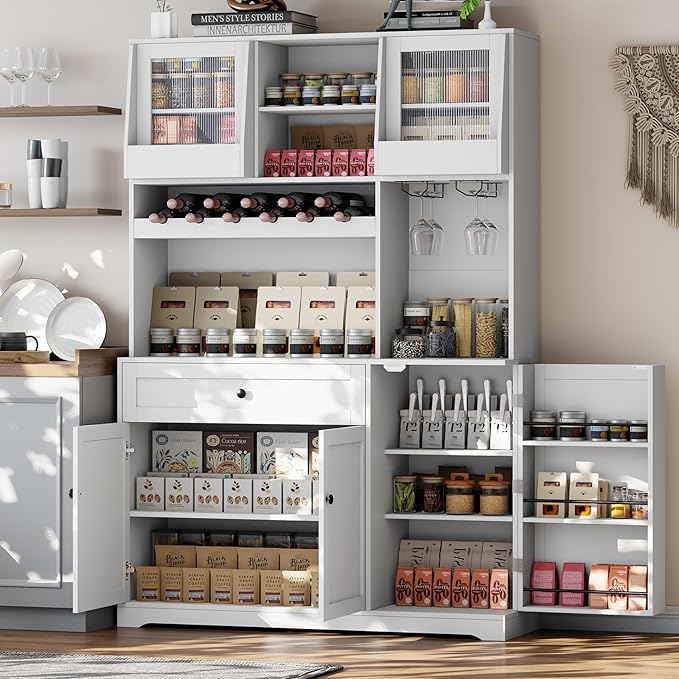 71" Pantry Cabinet with LED Light & Outlet, Kitchen Hutch Storage Cabinet with 6 Adjustable Shelves and 3 Hanging Rack Shelves,Food Pantry for Kitchen, Dining Room or Living Room, White