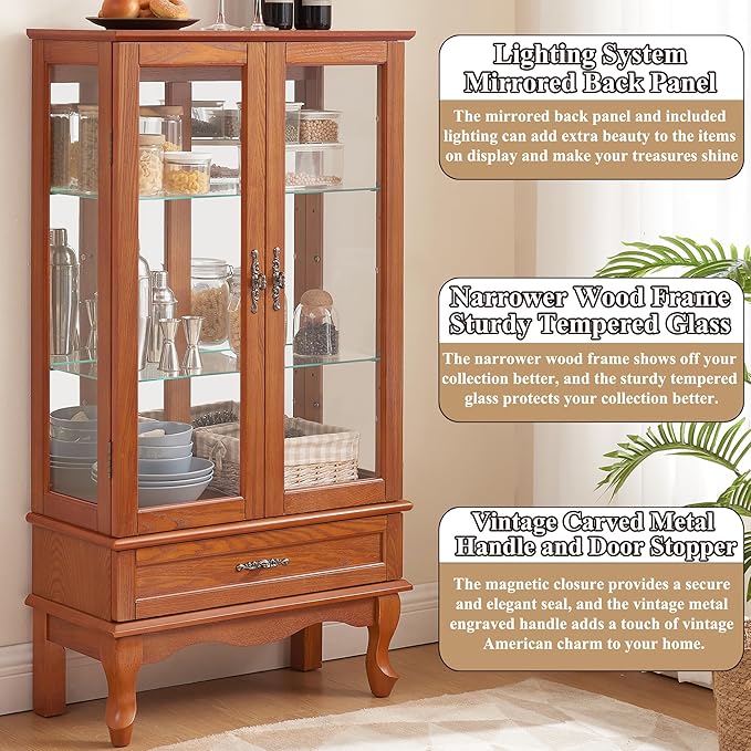 49" H Lighted Curio Cabinet Display Case, Glass Curio Cabinet with Adjustable Shelves,Tempered Glass Door and Drawer, Wooden Cabinets w/Mirrored Back Pane for Living Room (Oak)
