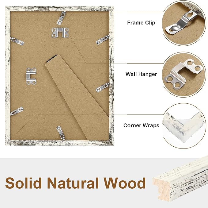Vittanly 8.5x11 Picture Frame Set of 2, Solid Wood Frame for Wall or Tabletop, Display Photo 6x8 with Mat or 8.5x11 without Mat, Distressed White