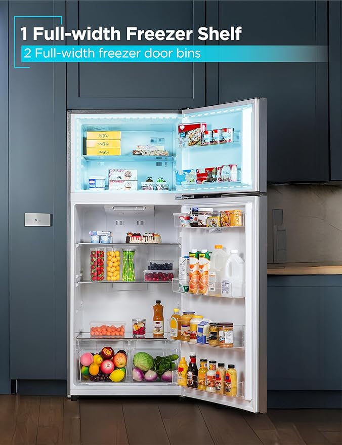 BLACK+DECKER 14.6 Cu. Ft. Top Mount Refrigerator with Freezer, 2 Door Refrigerator with Top Freezer and Adjustable Temperature Control, ENERGY STAR, BR1460HS, Stainless Steel Look