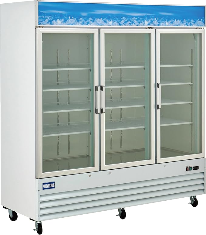 Kratos Commercial Three Door Merchandising Freezer, Large Glass Door White Mobile Display Freezer for Markets and Stores, 78" Wide, LED Lighting, 115V (67K-229)