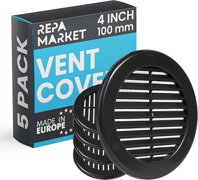 Repa Market 4 Inch (Opening) Black Round Air Vent Cover - Pack of 5 Plastic Fresh Air Intake Vent - AC Cover with Nylon Mesh Screen - Wall, Ceiling HVAC Return Air Register - Modern Soffit Vents