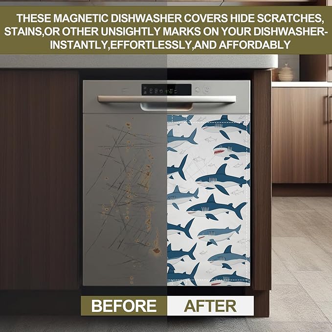 Cute Shark Dishwasher Magnet Cover,Wild Fish Kitchen Decor Waterproof Refrigerator Magnet Appliance Cover Protector,23Wx26H Inches
