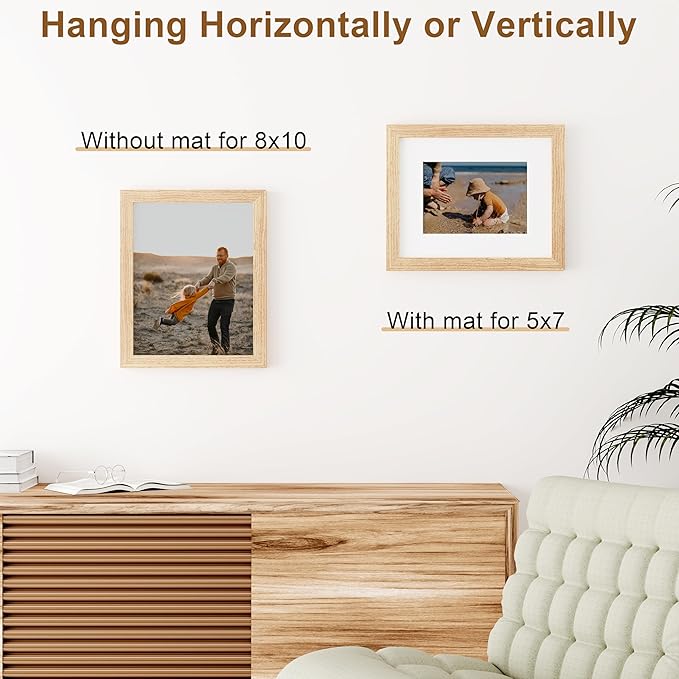 Vittanly 8x10 Picture Frame, Solid Wood Frame with Plexiglass, Includes 5x7 Mat, Wall Hanging or Tabletop for Home Decor, Natural, 1 Pack