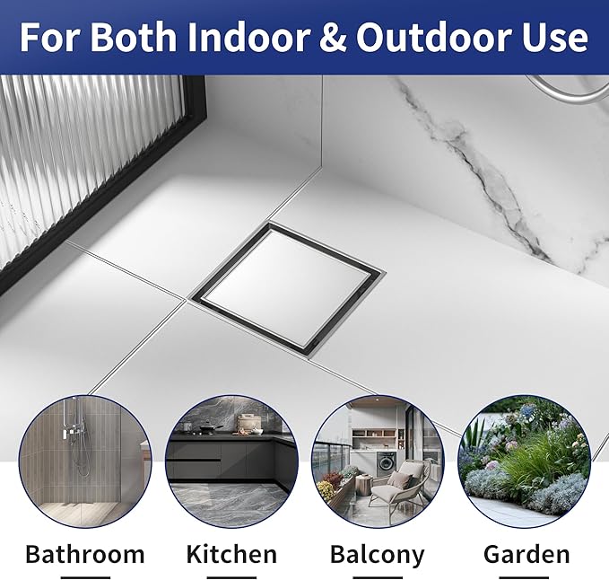 Square Shower Drain 6", Brushed Floor Drain with Tiled Insert Grate & Hair Strainer, 304 Stainless Steel Bathroom 2-in-1 Tiled in Drain, CUPC Certified (Brushed, 6'')