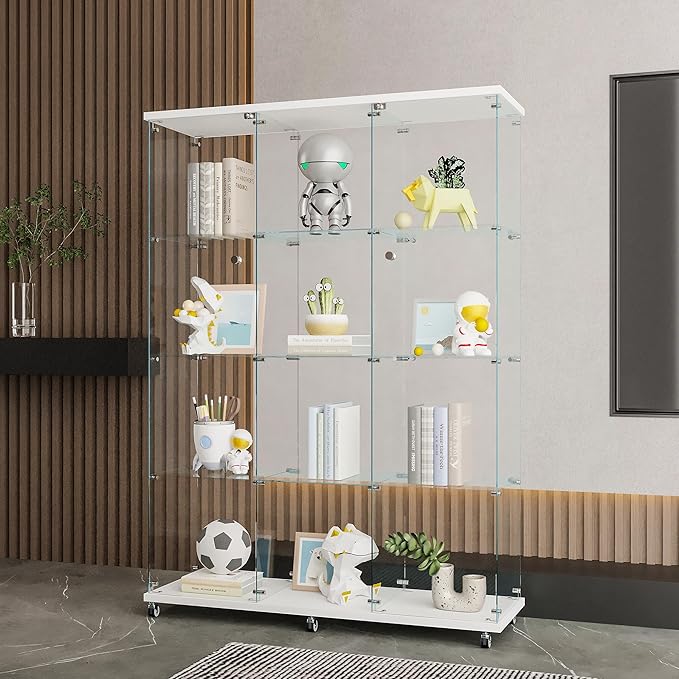 Frameless Glass Display Cabinet, Curio Cabinet Display Case with Locks and Hinged Doors, Quick-Install Floor Standing Large Showcase Display Shelf for Collectibles, Legos, Figures, Plants