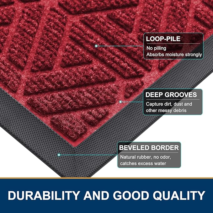 Smiry Front Door Mat Outside Entrance, Heavy Duty Sturdy Natural Rubber Doormat, Trap Dirt and Moisture, Easy Clean Low Profile Mats for Indoor Outdoor Entry, Grid Geometric (47x32, Wine Red)
