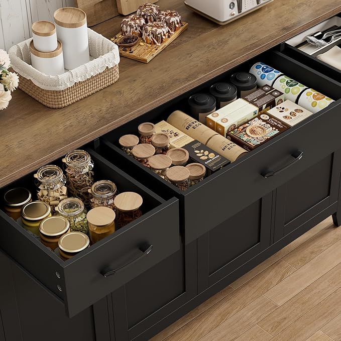 HORSTORS 55" Buffet Cabinet, Modern Farmhouse Sideboard Buffet with Drawers, Large Kitchen Storage Cabinet with Adjustable Shelves, Wood Coffee Bar for Kitchen, Dining Room, Living Room, Black