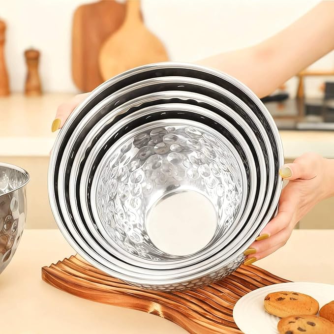 5 Pack Stainless Steel Mixing Bowls Set, Hammered Silver Finish, Nesting Design Metal Salad Bowls Set, 1.6-4.9 QT Capacity, Dishwasher Safe for Cooking, Serving, Food Containers Meal Prep Kit, No Lid