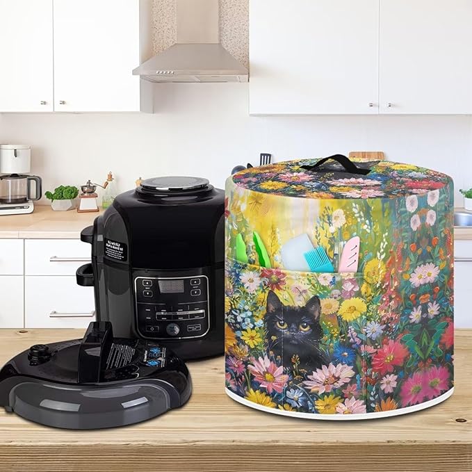 Xoenoiee Black Cat Vibrant Floral Print Kitchen Appliance Dust Cover with Pockets, Electric Pressure Cooker Cover for 3qt Compatible with Crock Pot, Rice Cooker Cover